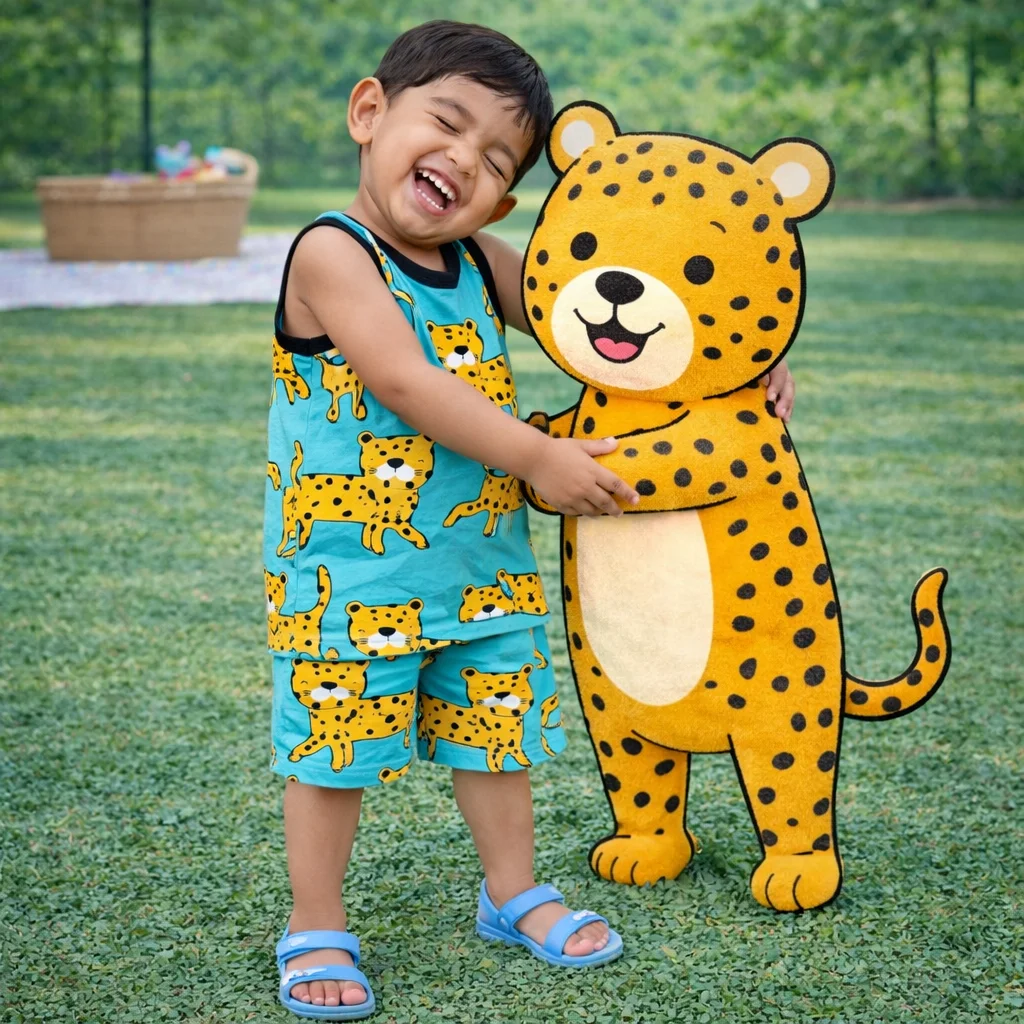 Cotton Knitted Sleeveless Cute Printed T-shirt Set - Ice Blue